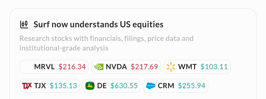 An advertisement for Surf reading 'Surf now understands US equities' with stock tickers MRVL $216.34, NVDA $217.69, WMT $103.11, TJX $135.13, DE $630.55, and CRM $255.94.