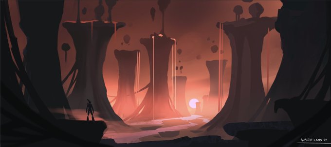 A digital fantasy artwork depicting a lone figure standing on a cliff overlooking an otherworldly landscape of tall pillars and lava-like flows under a red sky, signed 'Infote Lau 21'.