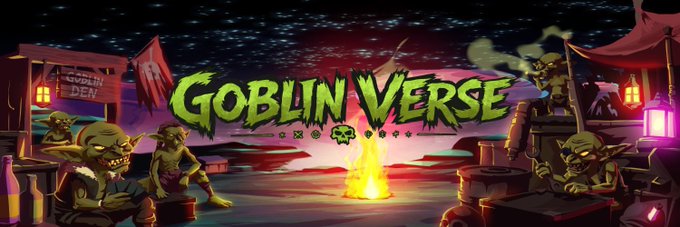 The image is a vibrant promotional banner for "GOBLIN VERSE," featuring the title in bold green text at the center, flanked by green goblin characters gathered around a glowing campfire and lantern-lit den with a sign reading "GOBLIN DEN." It visually matches the post's announcement of a 30-minute raffle by @goblinverse_xyz, setting a festive, goblin-themed scene that aligns with the whitelist event details mentioned.