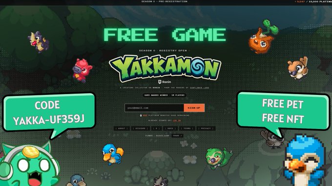 A 'FREE GAME' promotional banner for Yakkamon featuring pixel art creatures, a code 'YAKKA-UF359J', and offers for a free pet and free NFT.