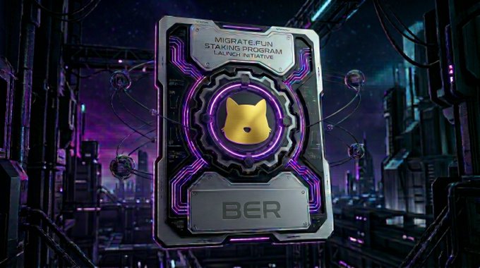 A futuristic trading card labeled 'MIGRATE.FUN STAKING PROGRAM LAUNCH INITIATIVE' featuring a cat logo and 'BER' ticker, displayed against a cyberpunk cityscape background.