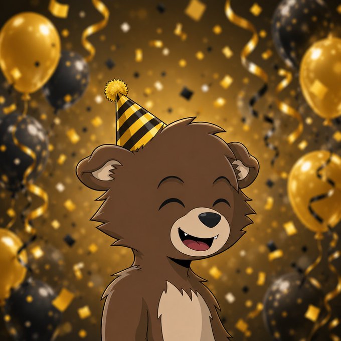 A cheerful cartoon bear wearing a yellow and black striped party hat smiles against a festive backdrop of gold and black balloons with confetti, perfectly capturing the celebratory mood of the Hash Cubs 100-followers giveaway announcement.