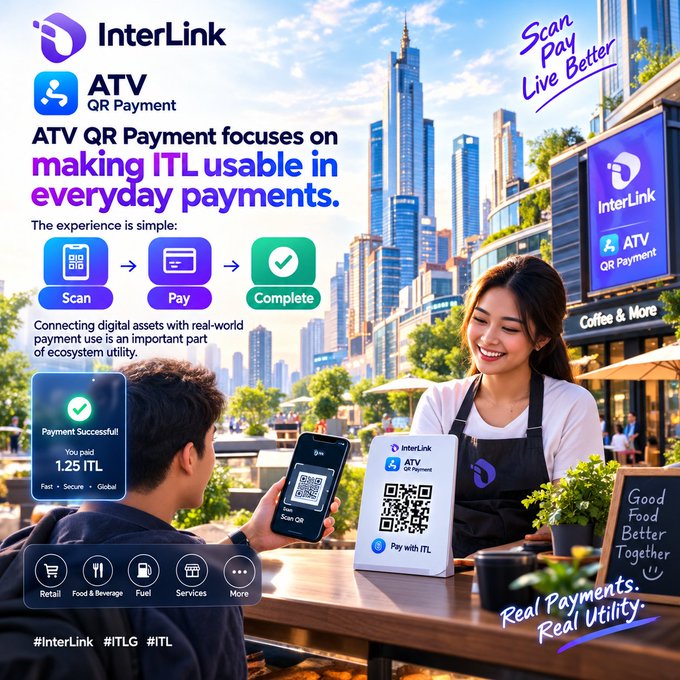 An advertisement for InterLink's ATV QR Payment service features a young woman in an apron at a cafe counter scanning a QR code, with text reading 'ATV QR Payment focuses on making ITL usable in everyday payments' and 'Scan Pay Live Better.'