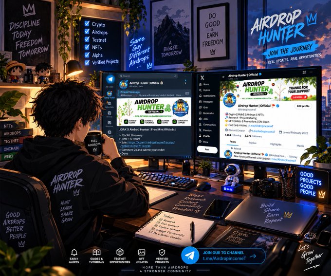A stylized promotional image showing a person from behind at a dual-monitor workstation, with the monitors displaying the 'AIRDROP HUNTER' Twitter/X page. The scene includes motivational text overlays like 'DISCIPLINE TODAY FREEDOM TOMORROW' and 'GOOD PROJECTS GOOD PEOPLE', promoting 'Crypto Airdrop Hunter' as 'MORE THAN AIRDROPS, A STRONGER COMMUNITY'.