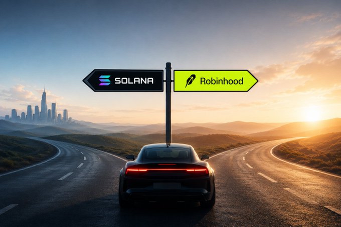 A sleek car sits at a fork in the road, facing a signpost that points left toward "Solana" and right toward "Robinhood," visually echoing the post's prompt to choose between the two investment options.
