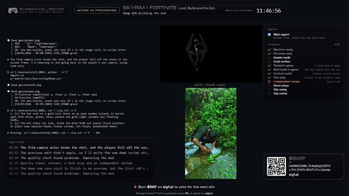 A live stream interface titled 'SKYRIM x FORTNITE Lost_Build and the God' showing terminal code on the left, a 3D sword model and gameplay footage in the center, and a progress checklist on the right with a timer reading 11:46:56.