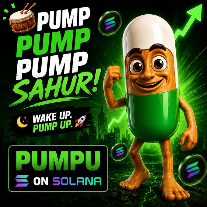 A crypto meme promotional image featuring an anthropomorphic capsule character with the text "PUMP PUMP PUMP SAHUR! WAKE UP. PUMP UP." and "PUMPU ON SOLANA" branding, with green arrows and Solana logos.