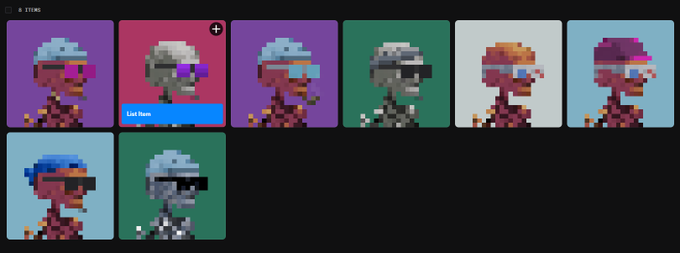 Grid of 8 pixel art NFT character portraits, mostly featuring characters with sunglasses in various colors, with one item selected showing 'List Item' option.