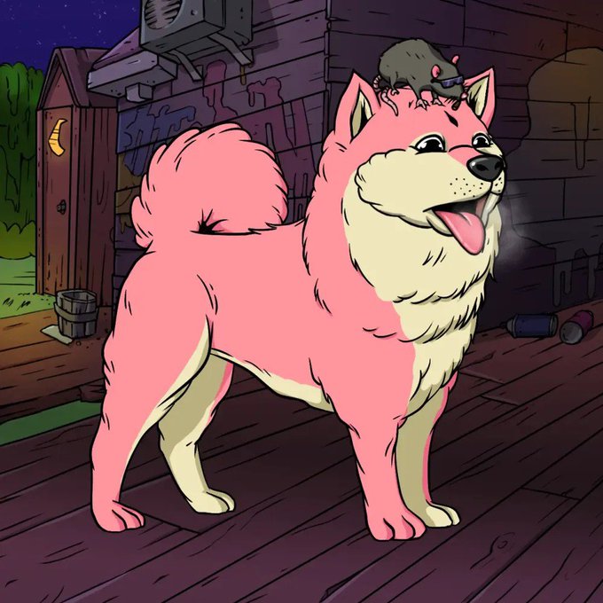An animated illustration of a smiling pink dog standing on a wooden porch at night, with a small rat perched on its head and a lit doorway in the background.