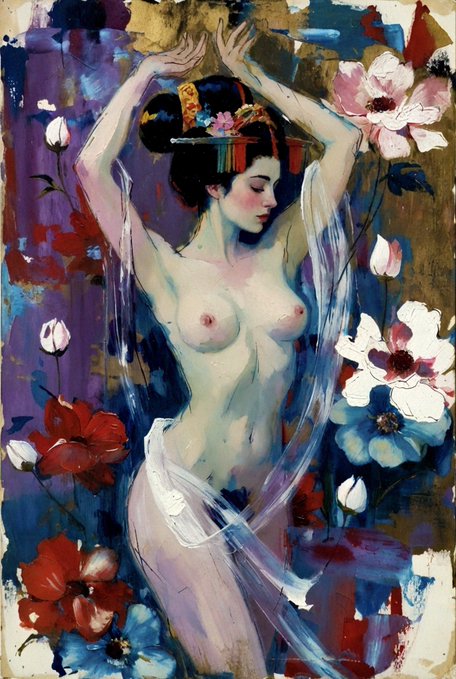 This impressionistic painting depicts a nude woman with an elaborate updo and raised arms, surrounded by large red and blue flowers, which visually aligns with the 'GN' text likely referring to the 'Girl' or central female figure.