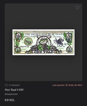 An NFT marketplace listing for 'Poet Toad #100' priced at 6.9 SOL, showing an artwork that reimagines a US dollar bill with a toad motif.