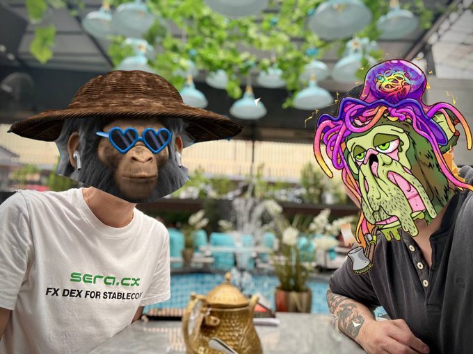 Two people pose with digitally overlaid cartoonish monkey faces; one wears a straw hat and a shirt reading 'sora.cx FX DEX FOR STABLECOI'.