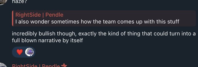 A screenshot of a social media post by 'RightSide | Pendle' reading 'I also wonder sometimes how the team comes up with this stuff' followed by 'incredibly bullish though, exactly the kind of thing that could turn into a full blown narrative by itself'.