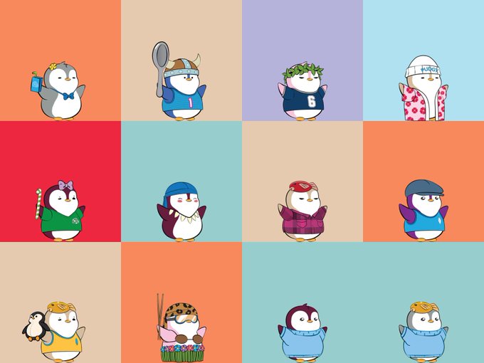 A grid displaying twelve cartoon penguin characters wearing different outfits and accessories, including a Viking, a hula dancer, and a 'HUNGER' cap.