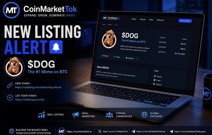 The image features a laptop computer with a website displayed, which appears to be related to coinmarkettok or cryptocurrency. The main focus of the image is a post that reads "NEW LISTING ALERT @CoinMarketTok x @The_Dog_Of_BTC $DOG is now LIVE on CoinMarketTok. toklisting.com/token/dog-bitc ... #1 Meme on Bitcoin is now part of the CoinMarketTok ecosystem." The image also includes a small dog icon, which adds a playful touch to the overall design.