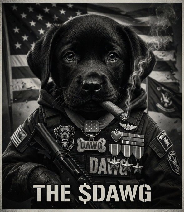 The image features a black dog wearing a military uniform, holding a cigar in its mouth, and standing next to an American flag. The caption of the image reads "The $DWG", which could be interpreted as a reference to the popular video game series "The $Dwarf World". This suggests that the image is related to the post about the $Dwarf World or a similar gaming-related topic, and it might be an advertisement for such a game.