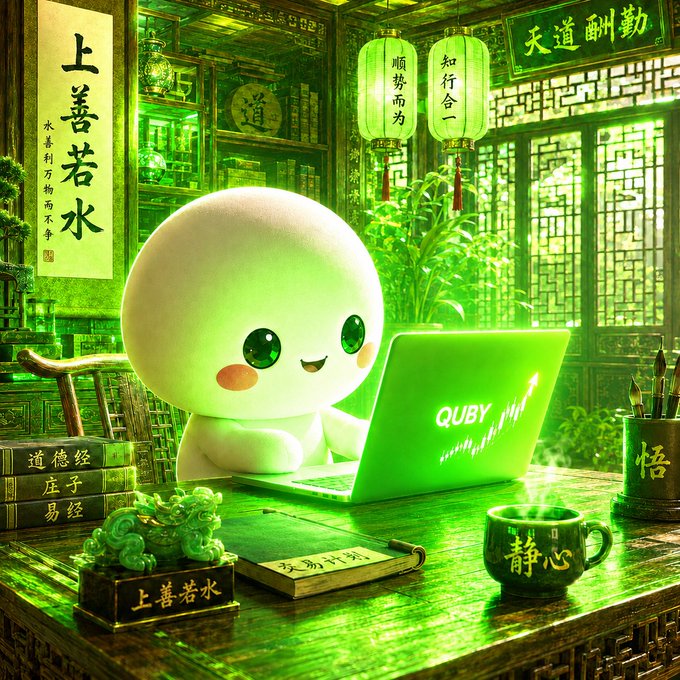 A 3D illustration of a cute, glowing white character using a green laptop labeled 'QUBY' at a desk with a steaming mug and books, set in a room with traditional Chinese decorations and lanterns.