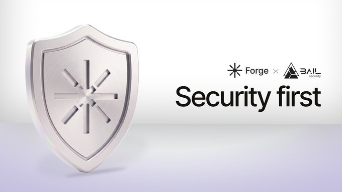 A promotional graphic featuring a silver 3D shield with an asterisk symbol, alongside the text "Forge × BAIL security" and "Security first" on a light background.