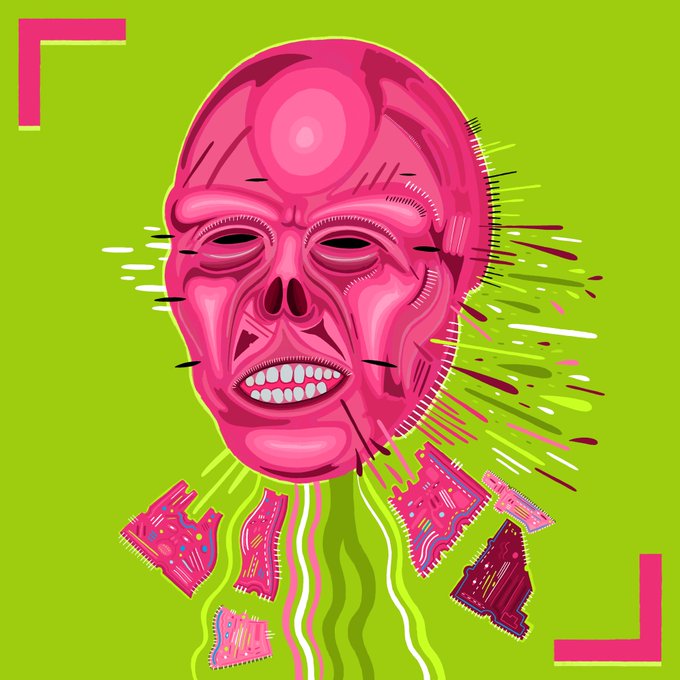 A vibrant illustration of a distorted pink face with whiskers and an exposed brain area, set against a bright green background with pink framing corners and fragmented neck details.