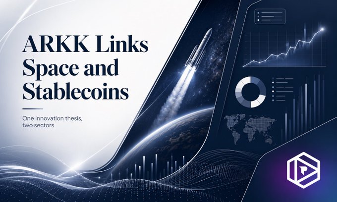 An ARKK promotional graphic titled 'ARKK Links Space and Stablecoins' with the tagline 'One innovation thesis, two sectors', featuring a rocket launch and financial charts.