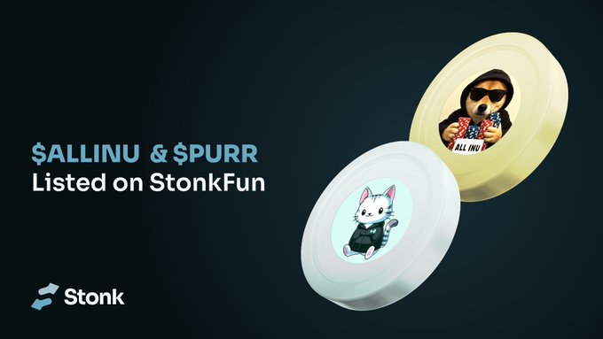 A dark promotional banner announcing '$ALLINU & $PURR Listed on StonkFun', featuring two 3D discs with cartoon animal characters and the 'Stonk' logo.