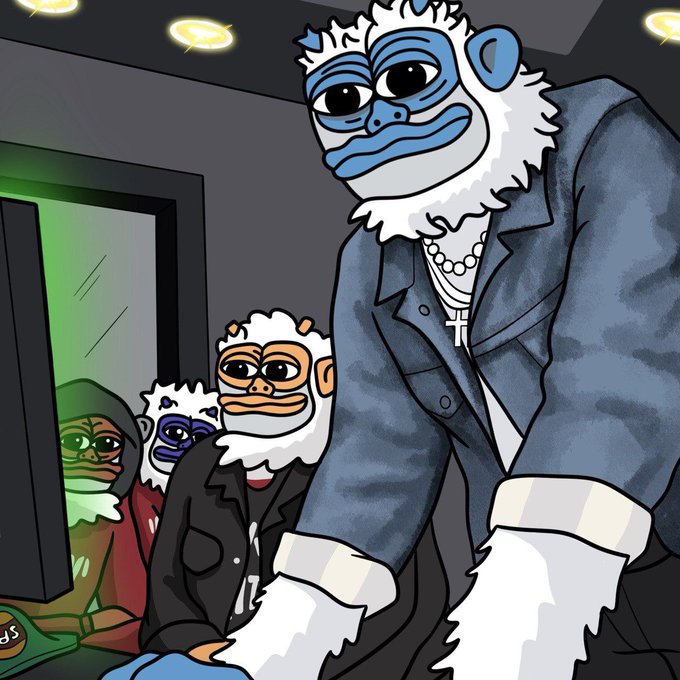 An illustration featuring cartoon-style monkey characters dressed in human clothing, with a prominent blue-faced monkey in a suit and pearl necklace in the foreground.