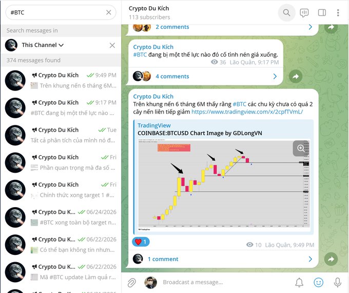 A Telegram channel screenshot for 'Crypto Du Kích' (113 subscribers) showing posts analyzing BTC price action on a 6-month timeframe chart with technical patterns highlighted.