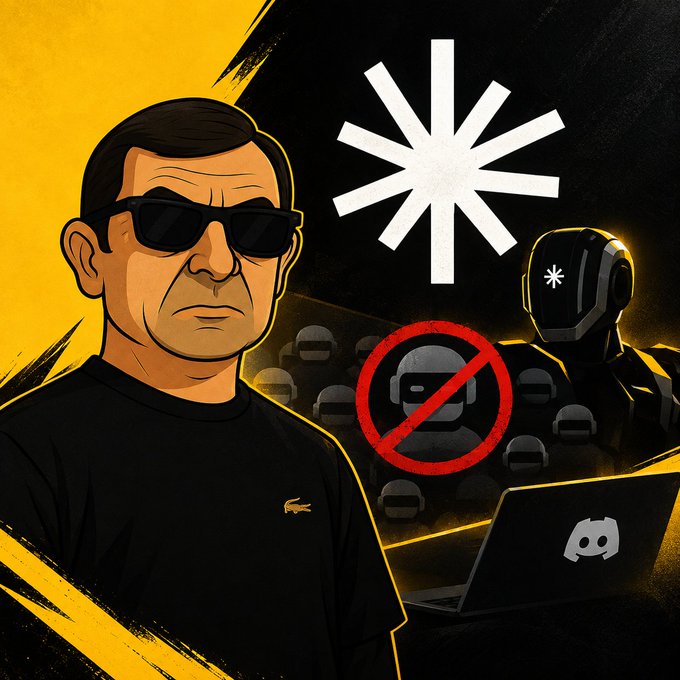 A stern man in sunglasses stands against a bold yellow background alongside a robotic figure, with a large asterisk symbol, a red "no bots" prohibition icon over gray user silhouettes, and a laptop displaying the Discord logo—visually representing Axis Robotics' crackdown on scripted accounts.