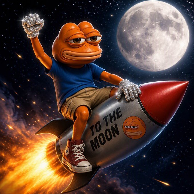 A digital illustration of a Pepe the Frog character riding a rocket labeled 'TO THE MOON' towards a large full moon in space.