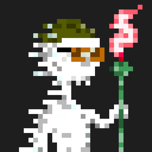 A 32x32 pixel art character resembling an ancient Greek statue wearing sunglasses and holding a pink flower, serving as promotional imagery for the zkArgos NFT collection launching as a free mint on OpenSea with 10,000 unique pixel art characters on Ethereum Mainnet.