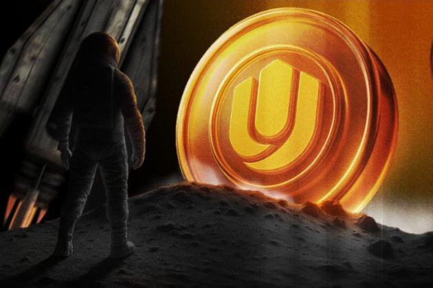 An astronaut stands on a rocky surface, gazing at a large glowing orange emblem with a 'U' shape, resembling the Unilend logo.