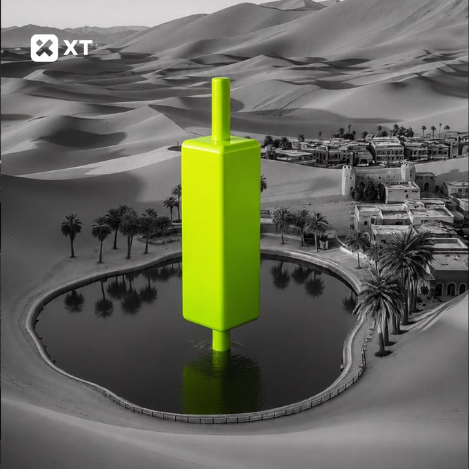 A surreal 3D render featuring a large green candle-like object in a desert oasis with palm trees and a village, with an 'XT' logo in the corner.