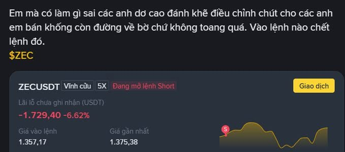A Vietnamese trading screenshot for $ZEC (ZECUSDT perpetual) showing an unrealized loss of -1,729.40 (-6.62%) on a short position, with entry price 1,357.17 and latest price 1,375.38, accompanied by a Vietnamese complaint about losing money.