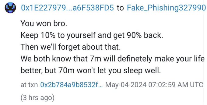 A screenshot of an on-chain message from “0x1E227979...a6F538FD5” to “Fake_Phishing327990,” stating: “You won bro. Keep 10% to yourself and get 90% back… 7m will make your life better, but 70m won’t let you sleep well.” It illustrates the Bitcoin sender’s request for the recipient to keep $7.3 million and return roughly $66 million.