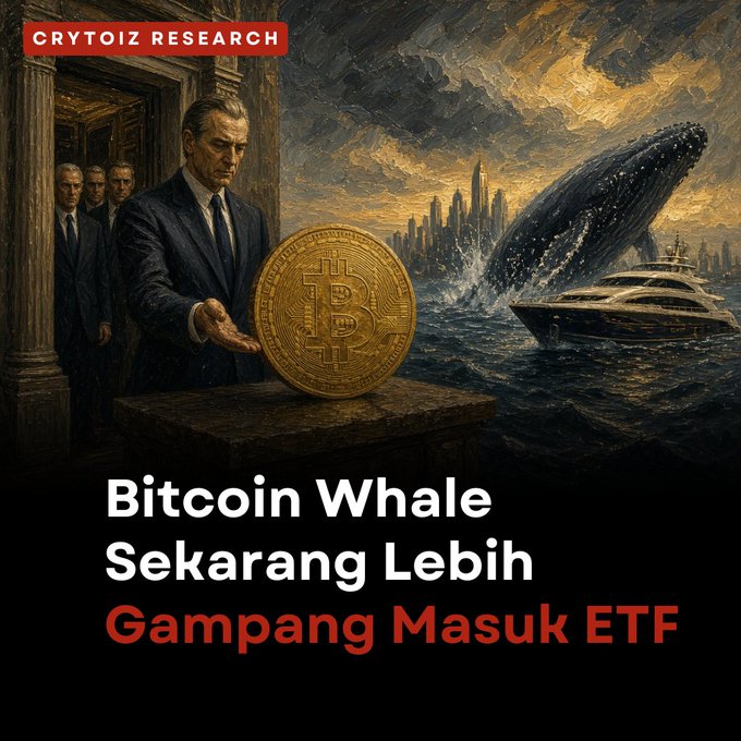 Crypto-themed illustration with 'CRYTOIZ RESEARCH' label showing a businessman holding a large Bitcoin coin, a whale breaching near a yacht in the background, and text reading 'Bitcoin Whale Sekarang Lebih Gampang Masuk ETF'.