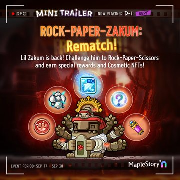 A MapleStory promotional graphic titled "ROCK-PAPER-ZAKUM: Rematch!" featuring pixel art of Lil Zakum challenging players to Rock-Paper-Scissors for special rewards and NFT cosmetics, event running September 17-30