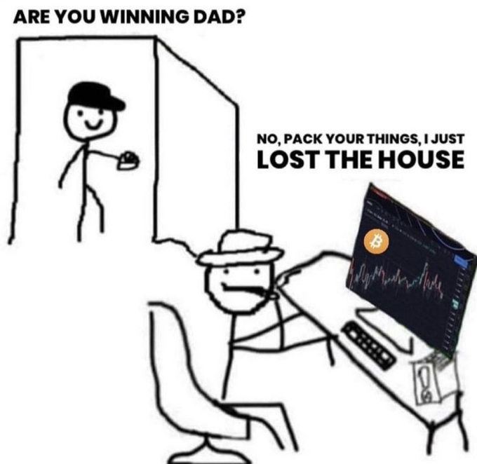 The image depicts a cartoon scene featuring a man sitting in an office chair, with his computer displaying a price chart of Bitcoin, suggesting he might be involved in cryptocurrency trading or investment. Additionally, there's a man taking off his hat while using the computer monitor nearby and another man standing behind him, as if monitoring the activities on the screen.