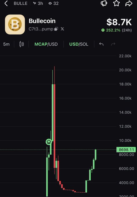A crypto trading chart shows "Bullecoin" ($BULLE) at $8.7K with a massive 252.2% gain in 24 hours, featuring a sharp price spike to ~$9.7K followed by a steep drop and gradual recovery—visually illustrating the volatile "100x" pump the post promotes.