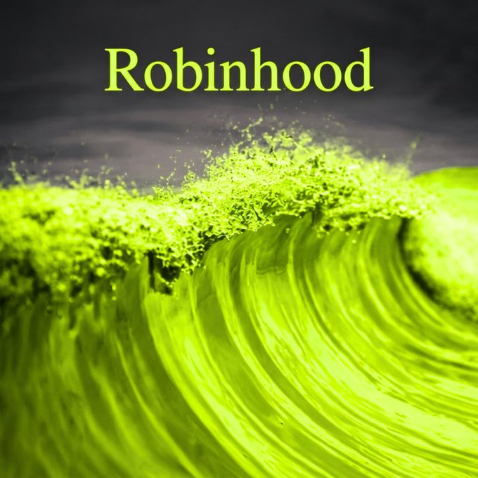 A vibrant green wave crashes beneath a stormy dark sky, with the "Robinhood" logo prominently displayed above—visually capturing the tidal force of the trading platform referenced in the post.