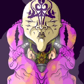 A vibrant, surreal digital illustration depicting a masked or helmeted figure in pink and yellow tones with intricate alien-like features.