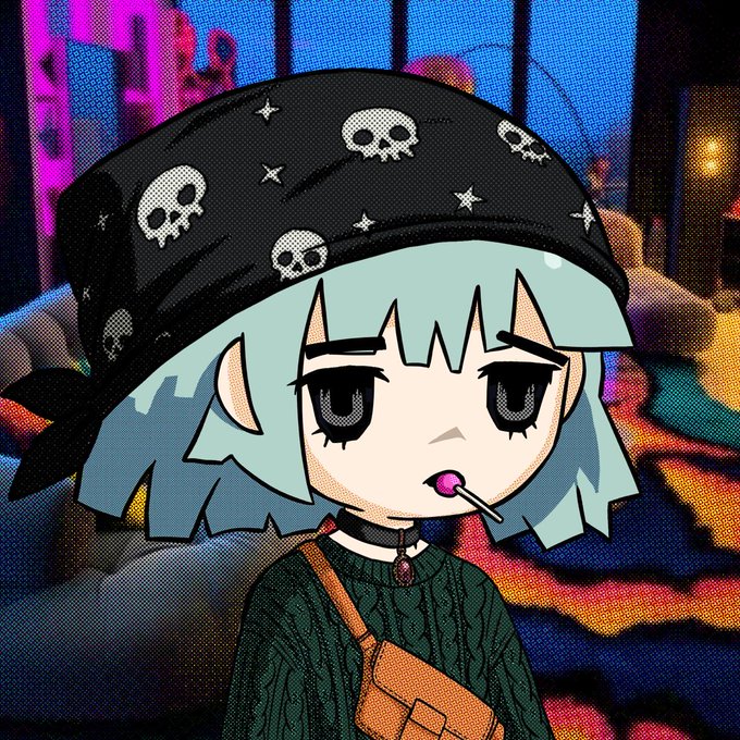 An anime-style illustration of a character with light blue hair wearing a black bandana covered in skull patterns, holding a lollipop.