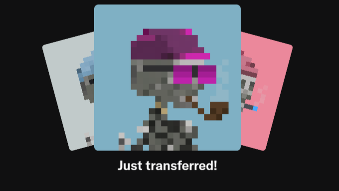 The image shows a pixel art character with purple sunglasses and a pipe displayed on three trading card-style frames, with the text "Just transferred!" at the bottom, suggesting a recent NFT or crypto asset transaction involving 14 items sent to a burn address.