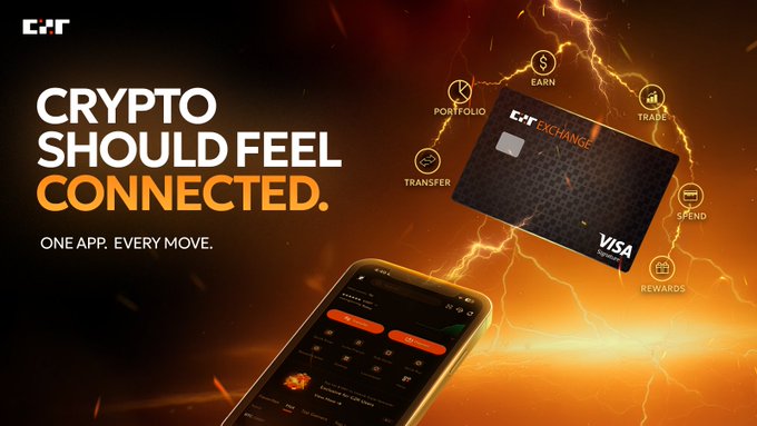 A cryptocurrency advertisement for an app reads 'CRYPTO SHOULD FEEL CONNECTED. ONE APP. EVERY MOVE.' featuring a Visa exchange card with icons for Portfolio, Earn, Trade, Transfer, Spend, and Rewards.
