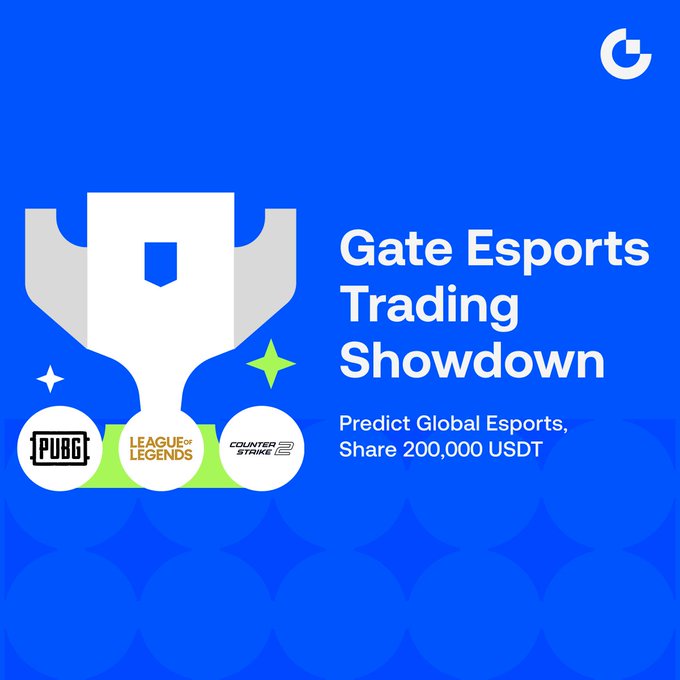 The image is a promotional graphic for the "Gate Esports Trading Showdown," featuring a white trophy on a blue background with logos for PUBG, League of Legends, and Counter-Strike, advertising a 200,000 USDT prize pool for users who predict global esports outcomes. It visually supports the accompanying post's announcement of the event's launch on Gate's esports prediction platform.