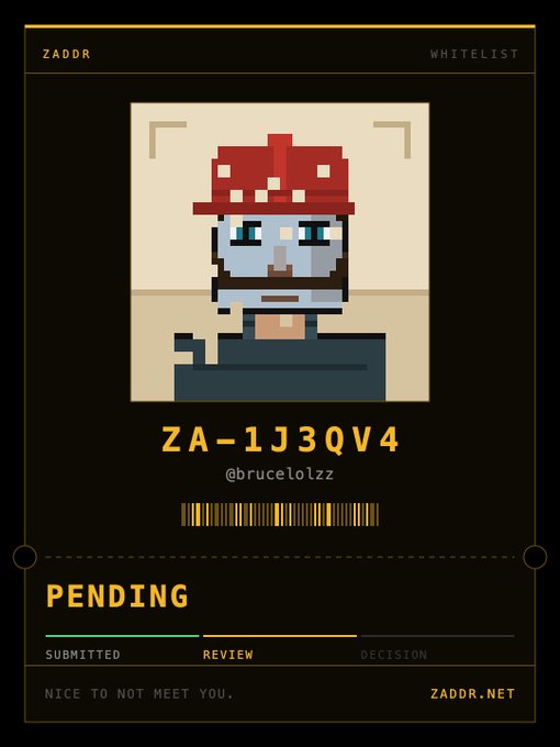 A pixel art character profile card from ZADDR displaying a blue-skinned figure with a red hat, username @brucelolzz, ID ZA-1J3QV4, currently in PENDING status at the REVIEW stage.