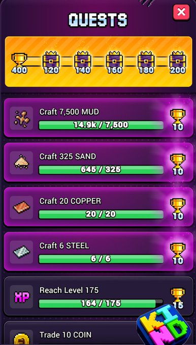 Mobile game screenshot of a 'QUESTS' menu showing progress bars for crafting resources: Craft 7,500 MUD (14.9K/7,500), 325 SAND (645/325), 20 COPPER (20/20), 6 STEEL (6/6), Reach Level 175 (164/175), and Trade 10 COIN, branded 'KTM MOD'.