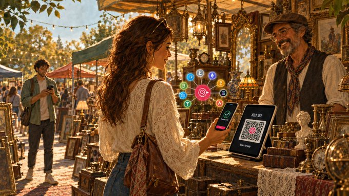 A young woman at an outdoor antique market pays a vendor using a smartphone displaying a QR code and floating cryptocurrency icons, with the amount '637.50' visible on the screen.