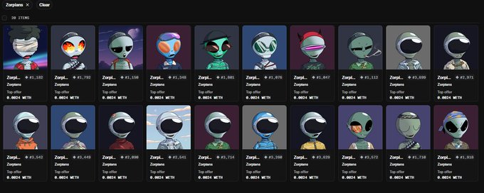 A screenshot of a marketplace page displaying a collection of Zorpians NFT avatars with various alien and astronaut designs, each with a price in WETH and ETH denominations.