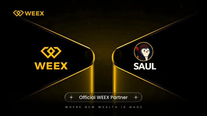 A WEEX exchange promotional graphic naming SAUL as an Official WEEX Partner, with the tagline 'Where New Wealth Is Made.'