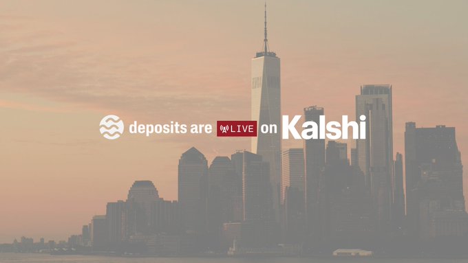 This image announces that deposits are LIVE on Kalshi, a platform that has seen significant trading volume growth and offers markets across various sectors including financial events and sports.